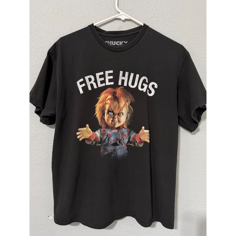 Chucky Free Hugs Horror Movie Graphic Women Tee L Black Cotton Shirt Halloween